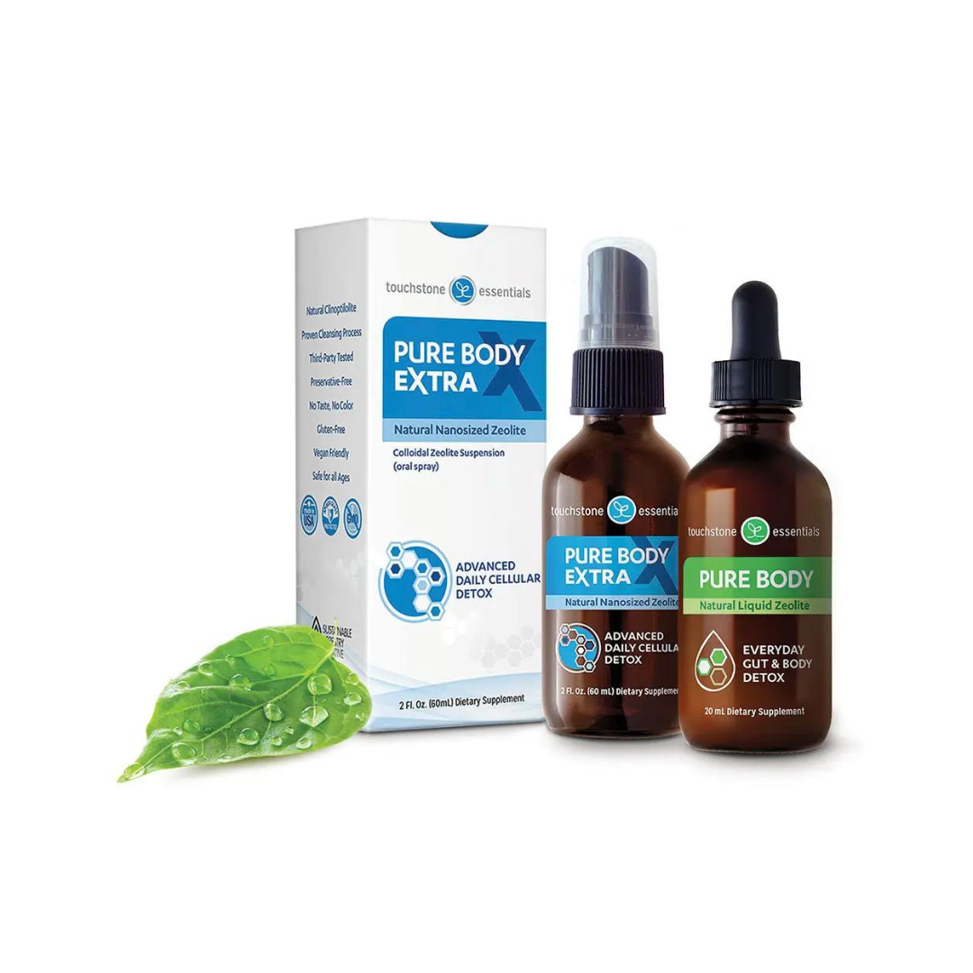 Touchstone Essentials trial set: Pure Body Extra spray, Pure Body drops and the retail box, with a fresh green leaf